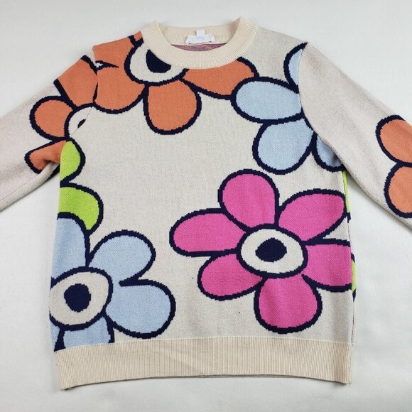 THML Flower Power Retro Sweater Womens Small Cream Colorful Long Sleeve Knit - Picture 3 of 10